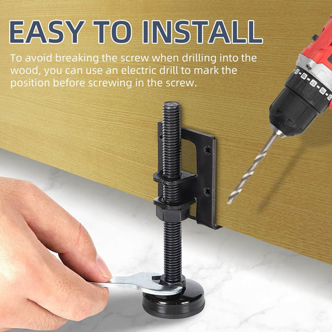 Durable heavy duty adjustable leveling feet with galvanized steel and non slip base installed, shown with drill and wrench
