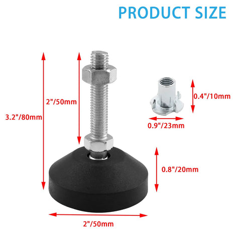 4 Pack Adjustable M10 Leveling Feet With T Nuts For Furniture And Machinery No Slip Swivel Threaded Rubber Feet With Nylon Bottom Heavy Duty Appliance Feet For Tables Desks Cabinets And Equipment D50 M10 80mm showing size dimensions