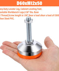 Heavy duty adjustable leveling feet with a 2.36 inch base, M12 thread and 50mm screw length held in hand