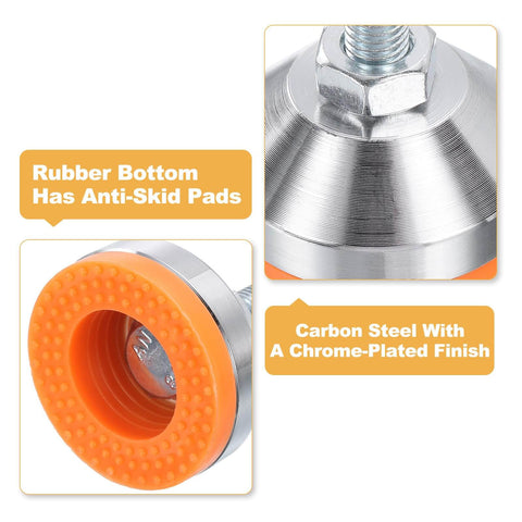 Close-up of a stable, vibration-damping adjustable leveling foot with 50mm base, M10x50mm thread, and anti-slip orange rubber design.