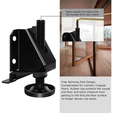 Close-up of Heavy Duty Adjustable Leveling Feet For Furniture Set 4 Pcs with Hexagon Locking Nuts, showing steel L-bracket and foot.