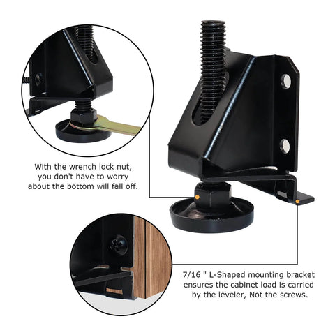 Close-up of heavy duty adjustable leveling feet with hexagon locking nuts installed on furniture corner showing the steel build and L-bracket.