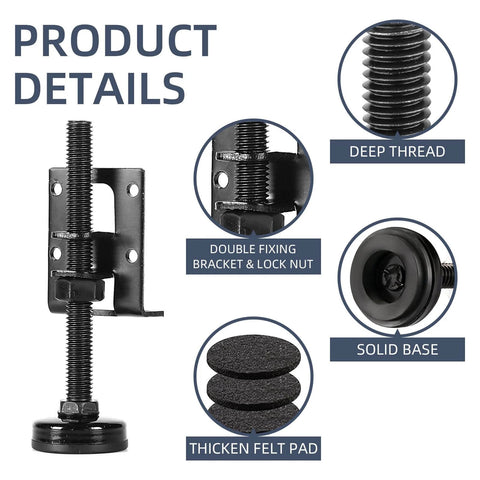 Durable heavy duty adjustable leveling feet with galvanized steel and non slip base, close-up of details showing deep thread and solid base.