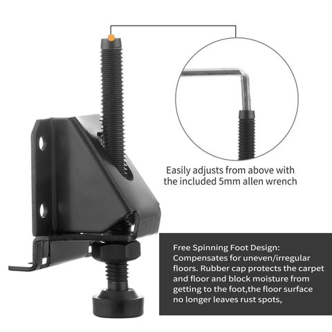 Beefy Heavy Duty 4 Pack Adjustable Leveling Feet for Tables and Cabinets with screws, lock nuts, and included wrench for adjustments.