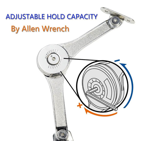 Close-up of adjustable lid support hinge with allen wrench adjustment, part of Hinges Soft Close, Lid Support Hinges, Lid Stay for Chest Wardrobe.