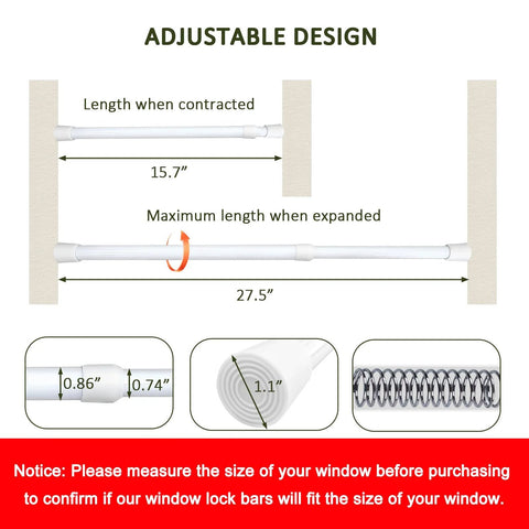 Adjustable Sliding Door Lock Bar With Rubber Tips For Enhanced Window And Sliding Glass Door Security, Fits 16 To 28 Inches, 1.2 Inch Diameter, shown in adjustable design with length details.