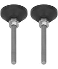 Front view of 2 adjustable M6 screw in furniture levelers with a swivel nylon rubber base to protect floors and support up to 10 kg.
