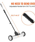Effortless, heavy duty rolling magnetic sweeper with a 24 inch wide magnet and 50 lb pickup capacity, adjustable telescoping handle