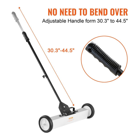 Effortless, heavy duty rolling magnetic sweeper with a 24 inch wide magnet and 50 lb pickup capacity, adjustable telescoping handle