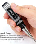 Close-up of Adjustable 0-14mm Manual Hole Punch Tool For Woodworking And Metalworking, ergonomic grip, alloy steel.