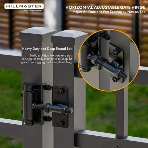 Built Tough Self Closing Gate Hinges For Metal Vinyl PVC Wood Fence With Adjustable Tension And 90 Degree Swing Gate Closer Hinges shown installed on a metal fence.