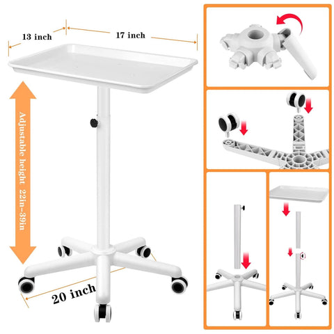 Metal Salon Rolling Tray On Wheels With Adjustable Height From 22 To 39 Inches For Tattoo, Medical, And Dental Use