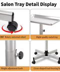 Rolling Salon Tray On Wheels For Pros In Salons And Tattoo Studios Adjustable Height Hair Stylist Cart From 22 To 38 Inches Metal Mayo Stand Tray No Rust Color Tray For Salon Medical Or Spa Use detail display with height adjustment and 360-degree wheels.