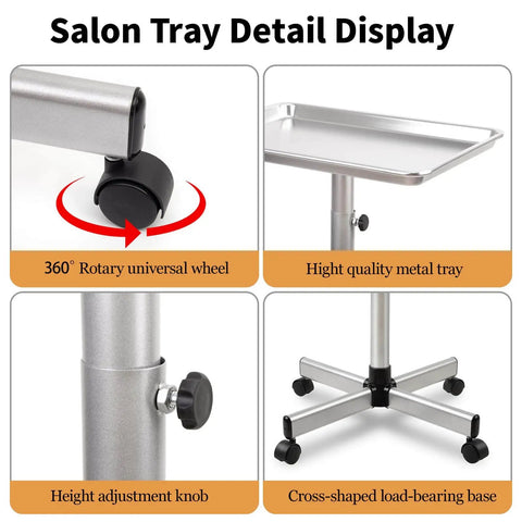 Rolling Salon Tray On Wheels For Pros In Salons And Tattoo Studios Adjustable Height Hair Stylist Cart From 22 To 38 Inches Metal Mayo Stand Tray No Rust Color Tray For Salon Medical Or Spa Use detail display with height adjustment and 360-degree wheels.