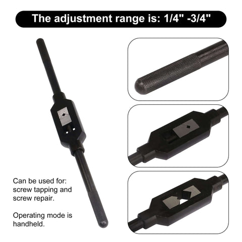 Beefed Up Adjustable Metal Tap Handle Reamer Wrench For Screw Tapping And Repair From One Quarter Inch To Three Quarters Inch Range 12 Millimeter Rod Diameter Durable Alloy Steel Construction With Precise Bite For Tight Fits, showing full view with adjustment range details.