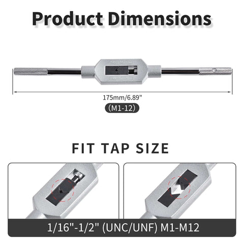 Product dimensions of Adjustable Tap Wrench Handle For M1-M12 And W1/16-1/2 Reamers, 175mm length, zinc alloy build.