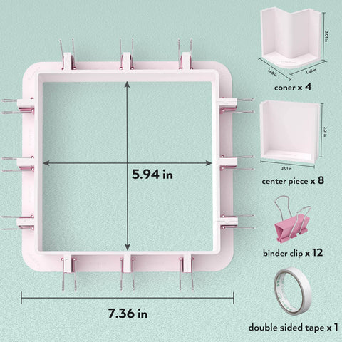 Diagram of Adjustable Molds Housing with measurements and components including corners, center pieces, binder clips, and tape for crafting.