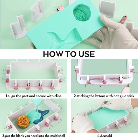 Step-by-step guide using Adjustable Molds Housing For Silicone And Resin Molds with reusable plastic frame and binder clips.