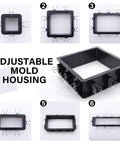 Adjustable Silicone Mold Housing Kit For DIY Resin, Soap, And Candle Molds, Plastic frame with clips in various sizes.