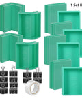 All In One Adjustable Mold Housing Kit For Silicone Molds Easy DIY Casting Soap Wax And Candle Molds With Corners Centerpieces Binder Clips Bottom Films And Tape To Build Freeform And Tierable Molds Quickly showing components in green and black with tape roll.