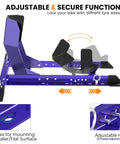 Side view of Universal Wheel Chock for Motorcycle Stand for Trailer Storage Adjustable Foldable Detachable Blue One Person Load and Unload Safe with Straps by Grand Pitstop.