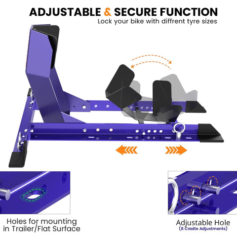 Side view of Universal Wheel Chock for Motorcycle Stand for Trailer Storage Adjustable Foldable Detachable Blue One Person Load and Unload Safe with Straps by Grand Pitstop.