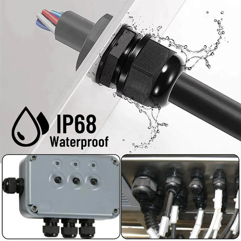 Adjustable NPT Cable Gland 1/4 to 1 Inch Range IP68 Waterproof Strain Relief Cord Connector in use on electrical boxes.