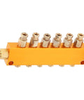Five To Six Way Adjustable Oil Distributor Manifold For Automatic Lubrication Pumps, brass block with six outlets, side view