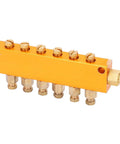 Five To Six Way Adjustable Oil Distributor Manifold For Automatic Lubrication Pumps, brass block, close-up view