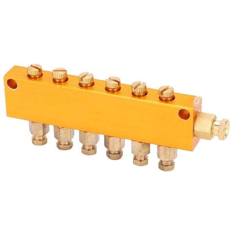 Five To Six Way Adjustable Oil Distributor Manifold For Automatic Lubrication Pumps, brass block, close-up view