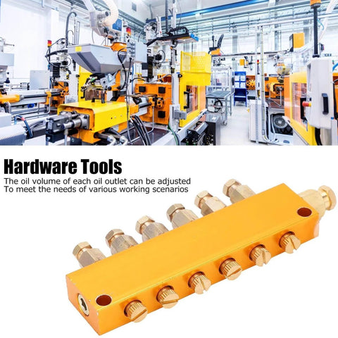 Five To Six Way Adjustable Oil Distributor Manifold for automatic lubrication pumps in industrial machine setting.