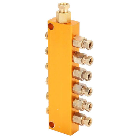 Five To Six Way Adjustable Oil Distributor Manifold For Automatic Lubrication Pumps, brass block with six outlets side view