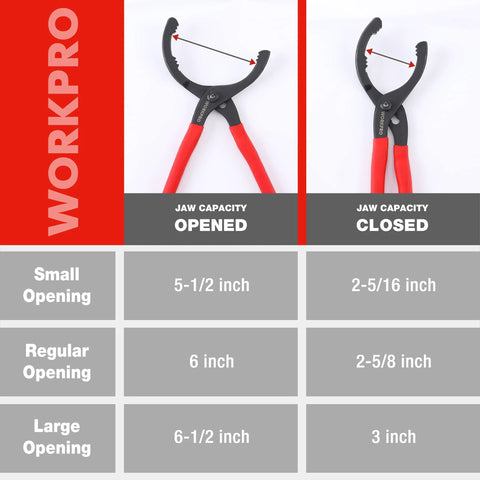 Adjustable Oil Filter Pliers 12 Inch For Engine Oil Filters Removal Bent Head Design For Tight Spaces High Carbon Steel With Permalock Fastener shown open and closed with jaw capacity chart.