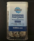 Container of UniShim Adjustable Outlet Spacer 50pk for receptacles and switches, Model 632, showing metallic spacers inside.