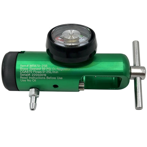 Effortless Adjustable Oxygen Regulator for CGA 870 Fittings with rugged aluminum brass body, 0 to 25 LPM flow, 0 to 3000 PSI.