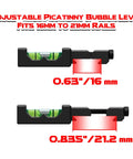 Adjustable Picatinny bubble level showing dimensions 0.63 to 0.835 inches, suitable for 16mm to 21mm rails.