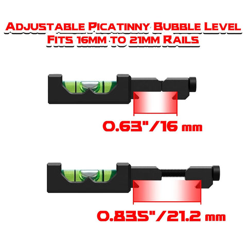 Adjustable Picatinny bubble level showing dimensions 0.63 to 0.835 inches, suitable for 16mm to 21mm rails.