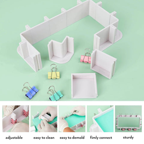 Adjustable Molds Housing For Silicone And Resin Molds, Reusable Plastic Frame With Binder Clips And Double Sided Tape shown with parts