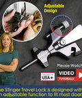 All Metal Portable Door Lock For Travelers With Built In Glass Breaker And Seatbelt Cutter Delivers Hotel Apartment And Home Door Security And Privacy Durable Travel Safety Lock For Women And Families, showing adjustable lock design and video tutorial label.