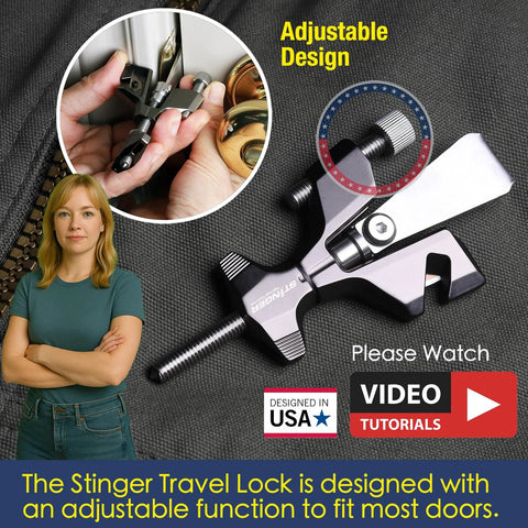 All Metal Portable Door Lock For Travelers With Built In Glass Breaker And Seatbelt Cutter Delivers Hotel Apartment And Home Door Security And Privacy Durable Travel Safety Lock For Women And Families, showing adjustable lock design and video tutorial label.