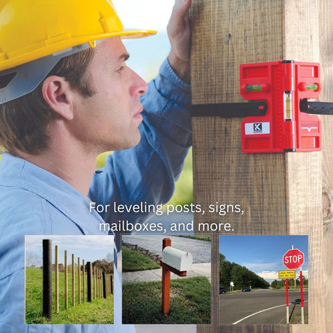 Effortlessly align posts and pipes with the 340 Postrite adjustable folding post level attached to a wooden post, showing alignment usage.