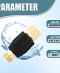 Adjustable Pressure Regulator For Pressure Washer With M22 Connector Up To 4000 PSI shown with water splash, 4000 PSI indicator.