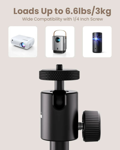 Close-up of Portable Projector Stand with wide compatibility, 1/4 inch screw adapter, and 360 degree rotation ball head