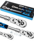 Chrome telescopic ratchet wrench set with extendable handles and blue grips, packaged in a blue and black box, showing various angles.