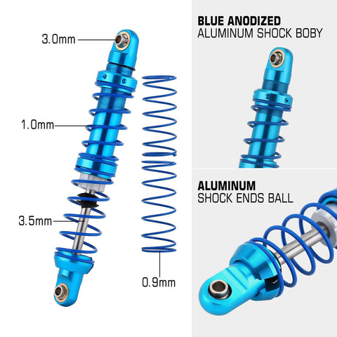 Oil adjustable RC shock absorber set with dual-stage springs delivers smooth damping for 1/10 crawlers, 90mm blue aluminum