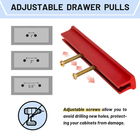 Six Pack Adjustable Cabinet Handles in Red Aluminum showing adjustable screws and spacing from 1 to 5.5 inches for easy installation.