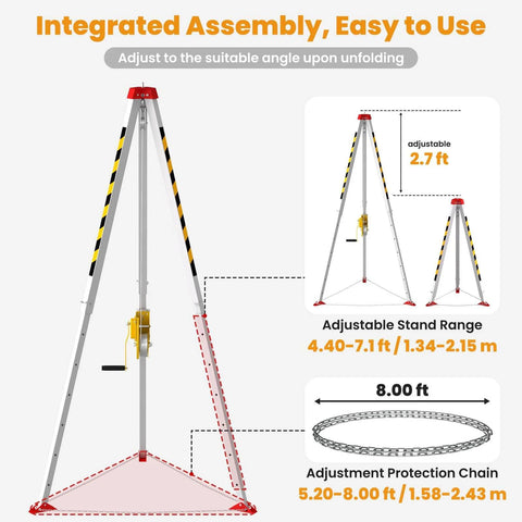 Confined Space Rescue Tripod Kit With 2600lbs Winch, adjustable 7-foot tripod, steel cable, emergency use for sewers, wells, tanks