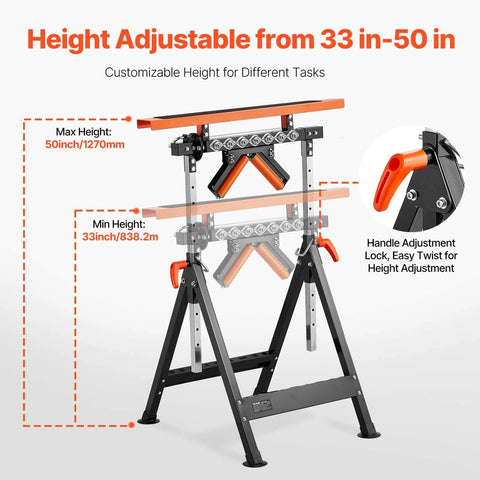 4-in-1 Roller Stand showing adjustable height 33-50 in, with polished multi-directional roller head for smooth motion and stable alignment
