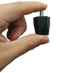 Hand holding adjustable rubber bumper foot leveler with one quarter twenty thread, showing solid rubber and metal construction.