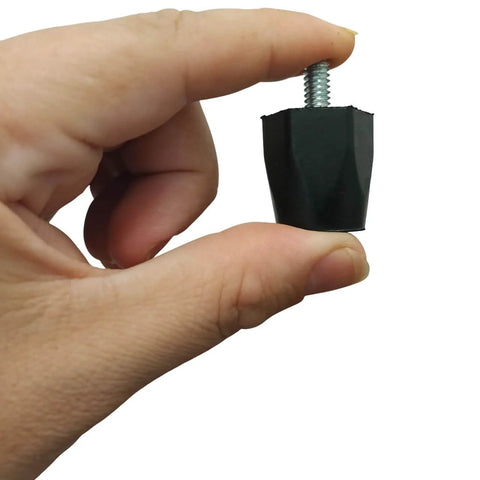 Hand holding adjustable rubber bumper foot leveler with one quarter twenty thread, showing solid rubber and metal construction.